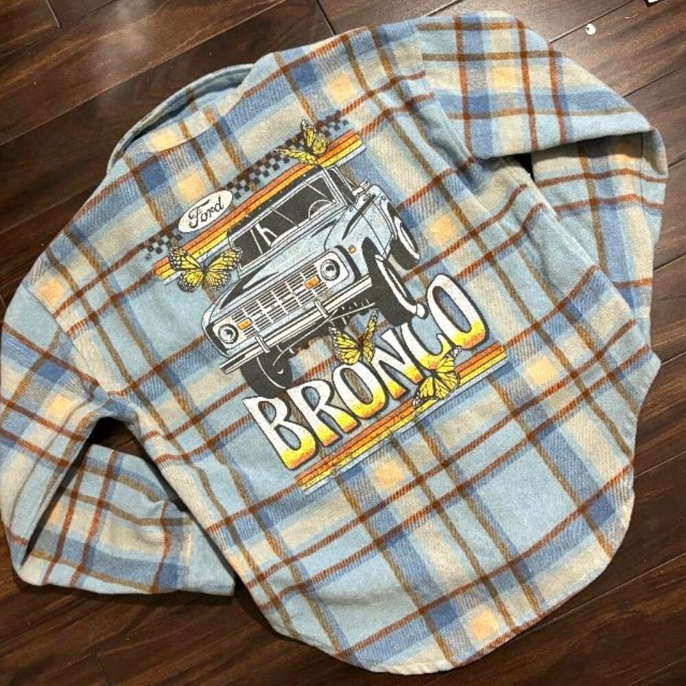 Ford Bronco Woman's Shacket Blue Plaid Graphic Fan Art Retro Wool Blend SZ XS